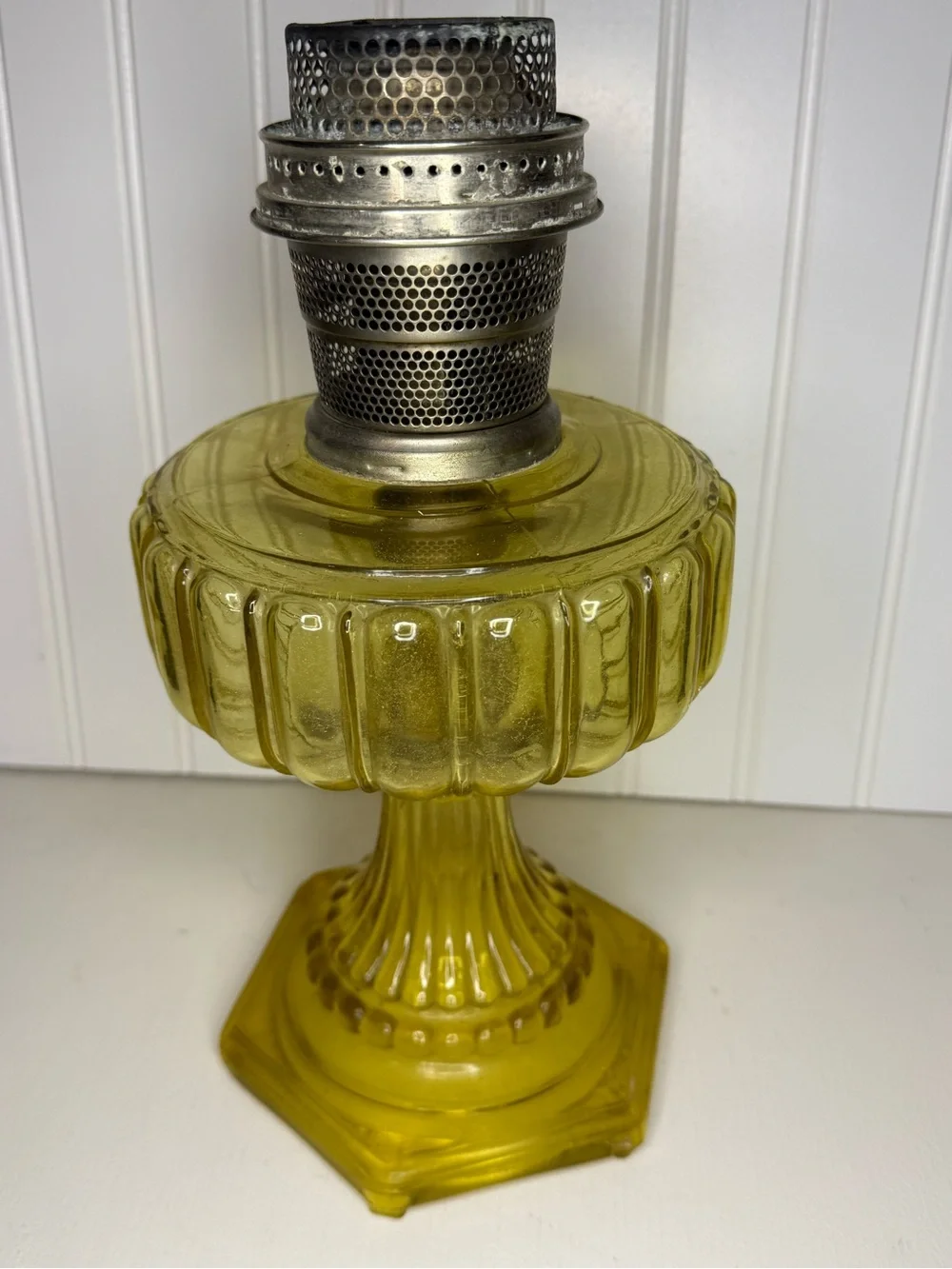 Yellow Pressed-Glass Pedestal Oil Lamp - Decorative Lantern Accent